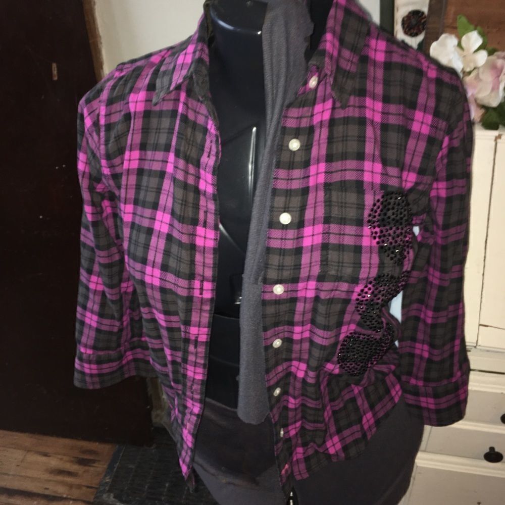 Victoria’s Secret pink plaid, sequined heart button down shirt
